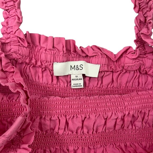 M&S Smocked Midi Dress Hot Pink UK12 US8 Barbie Maximalist Tropical Cottagecore - Picture 5 of 9
